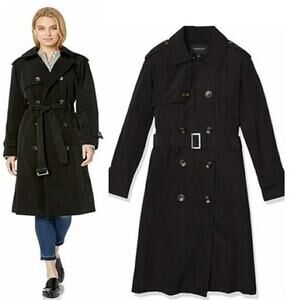 London Fog Cape Back Trench Coat 40R BLACK Double-Breasted Belted Preppy Classy